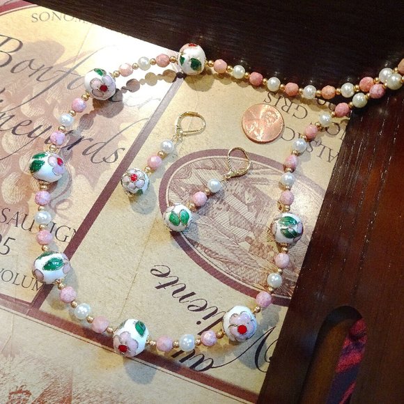 Hand-crafted artisanal necklace & earring set with Cloisonne floral beads - Picture 1 of 8